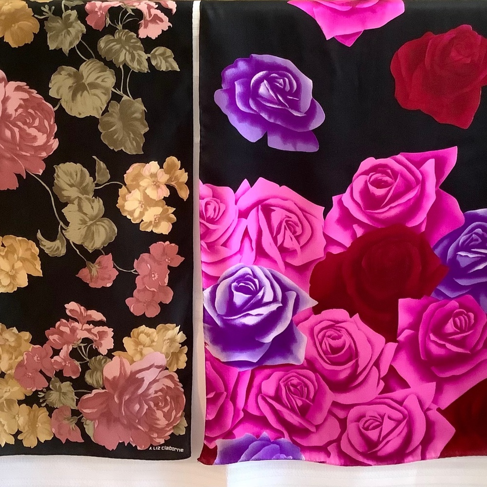 🎁 🌹VTG TWO (2) LIZ CLAIBORNE 100% SILK SCARFS RECTANGLE FLORAL PRINT 🌸